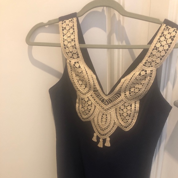 Navy Dress with gold collar detail - Picture 3 of 4